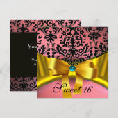 黄色の金のリボン ピンク 黒のダマスク 招待状 (正面/裏面)