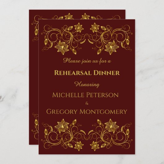 黄色の金ゴールドフィリグラーオンブルゴーニリハーサルディナー 招待状 (正面/裏面)