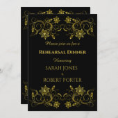 黄色の金ゴールドフィリグリーオンブラックリハーサルディナー 招待状 (正面/裏面)
