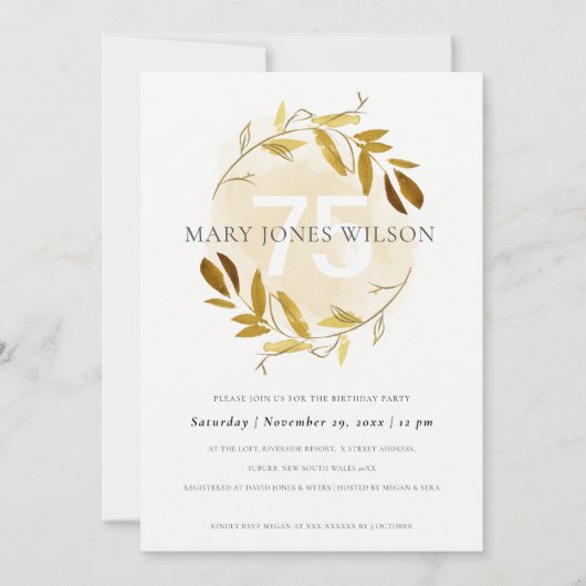 黄色の金ゴールド動物リース75歳の誕生日カード サンキューカード (正面)