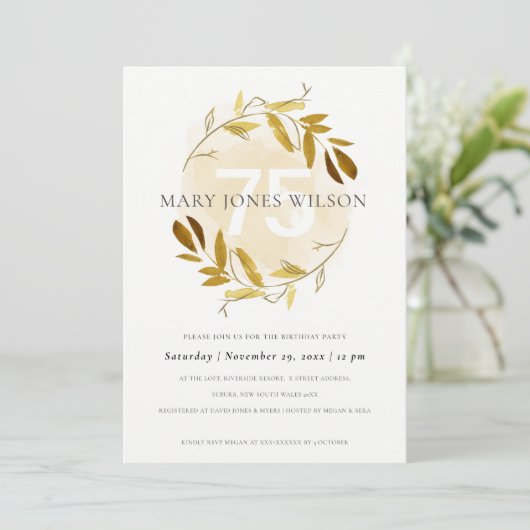 黄色の金ゴールド動物リース75歳の誕生日カード サンキューカード (スタンド正面)