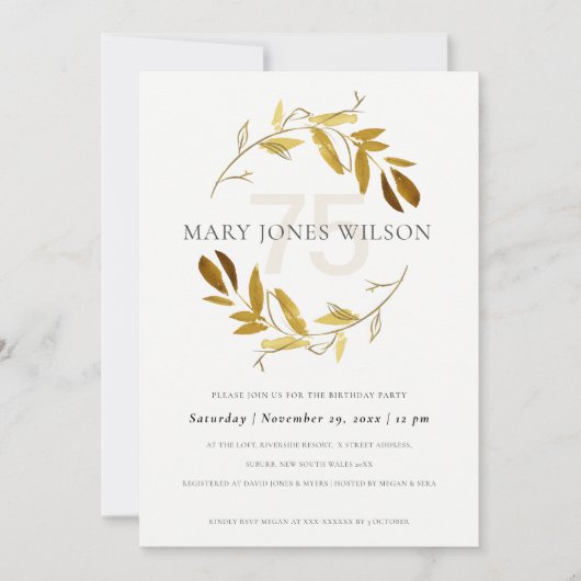 黄色の金ゴールド動物リース75歳の誕生日カード サンキューカード (正面)