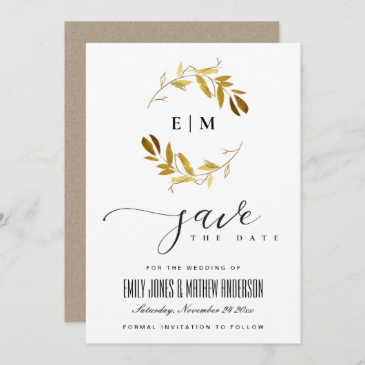 黄色の金ゴールド動物水の色のリース保存日付 招待状 (正面/裏面)