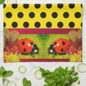 黄色の金ゴールドW/水玉模様LadyBug キッチンタオル (折り畳み)