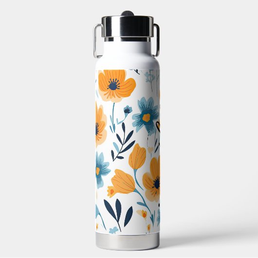 黄色の青いかわいらしフローラの名前の追加 ウォーターボトル (正面)
