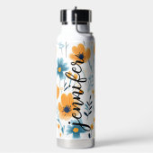 黄色の青いかわいらしフローラの名前の追加 ウォーターボトル (左面)