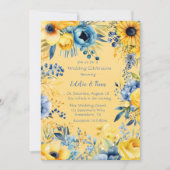 黄色の青い水の色の牡丹結婚の 招待状 (正面)