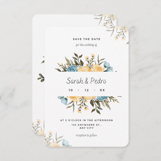 黄色の青い水色のフローラ日付カードを保存 セーブザデート (正面/裏面)