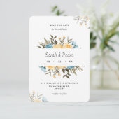 黄色の青い水色のフローラ日付カードを保存 セーブザデート (スタンド正面)