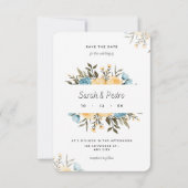 黄色の青い水色のフローラ日付カードを保存 セーブザデート (正面)