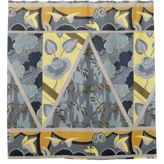 黄色の青い灰色の花、蝶のはっきりしたフローラ シャワーカーテン (正面)