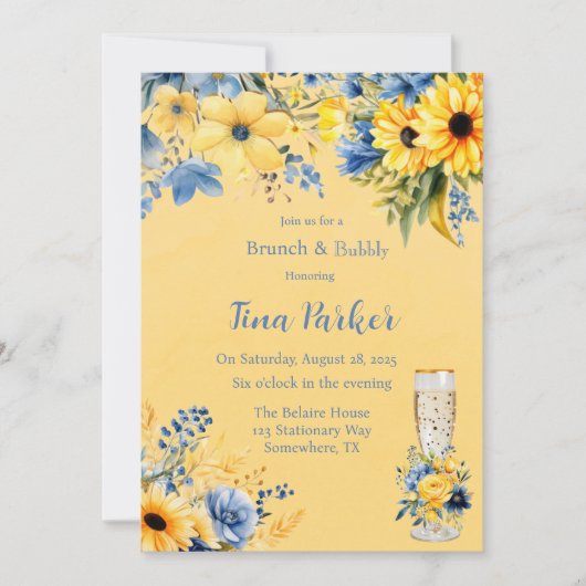 黄色の青い牡丹の水の色ブランチと泡立ち 招待状 (正面)