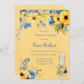 黄色の青い牡丹の水の色ブランチと泡立ち 招待状 (正面/裏面)