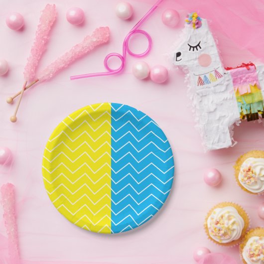 黄色の青い白い山形の色のブロックパターン ペーパープレート (パーティー)