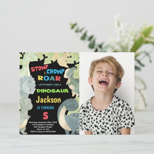 黄色の青い緑の恐竜の誕生日と写真 招待状 (スタンド正面)