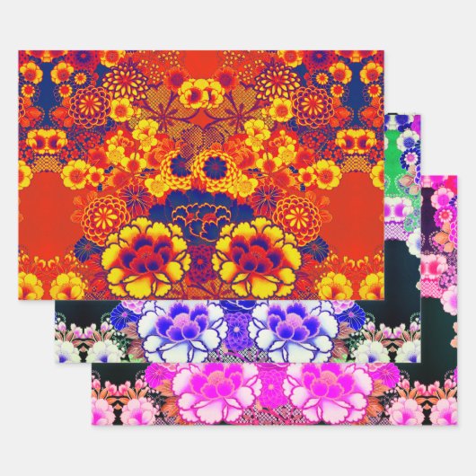 黄色の青い花牡丹、バラ日本のフローラ ラッピングペーパーシート (セット)