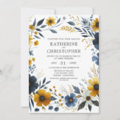 黄色の青い野エレガント花水色結婚の 招待状 (正面)