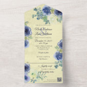 黄色の青とアイボリーのバラ淡い色の（QRコード付き） オールインワン招待状 (内側)