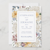 黄色の青と白のフローラホワイトフレー結婚ム 招待状 (正面)