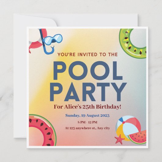 黄色の青のグラデーションプールパーティの招待状 招待状 (正面)