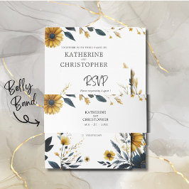 黄色の青のワイルドフラワーエレガントな結婚式 招待状ベリーバンド