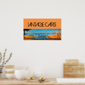 黄色の青のヴィンテージ車のビーチ路 ポスター (キッチン)