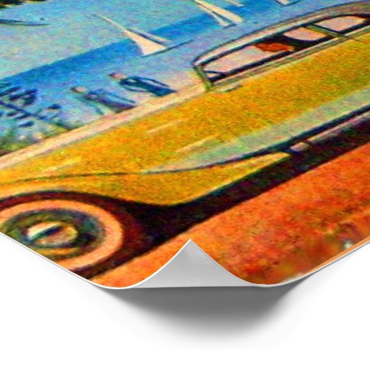 黄色の青のヴィンテージ車のビーチ路 ポスター (角)