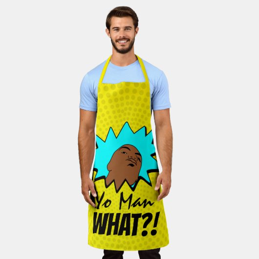 黄色の青ヨーマンマグショット漫画 エプロン (着用した状態)