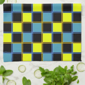 黄色の青市松模様にい幾何パターン キッチンタオル (折り畳み)