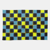 黄色の青市松模様にい幾何パターン キッチンタオル (横)