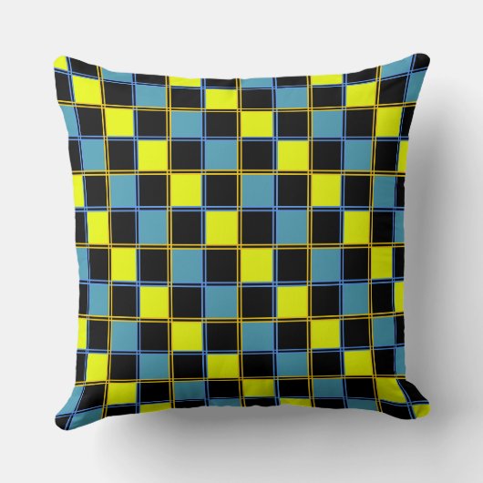 黄色の青市松模様にい幾何パターン クッション (裏面)