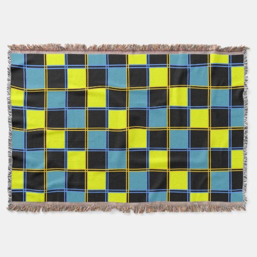 黄色の青市松模様にい幾何パターン スローブランケット (正面)