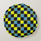 黄色の青市松模様にい幾何パターン ラウンドクッション (裏面)