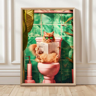 黄色の面白いオレンジ猫トイレプリント、トレンディバスルームデザイン ポスター