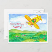 黄色の飛行機ハッピーバースデー名前をカスタムする ポストカード (正面/裏面)