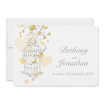 黄色の鳥が開いたケージのカスタム結婚式招待状
