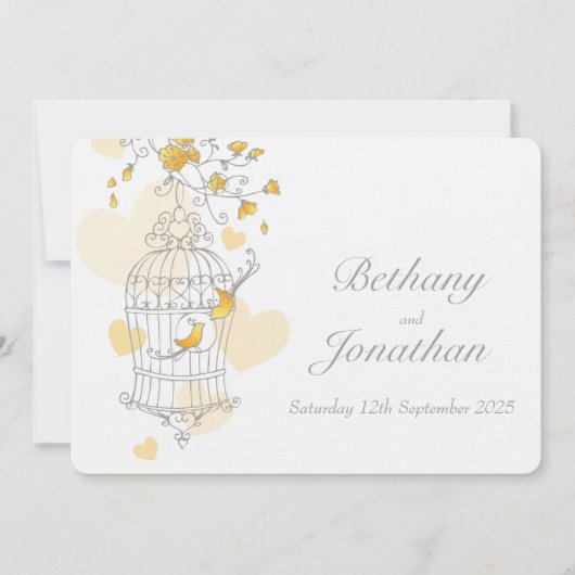 黄色の鳥が開いたケージのカスタム結婚式招待状 招待状 (正面)