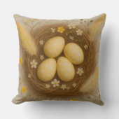 黄色の鳥の巣とベビー卵の花の羽 クッション (正面)