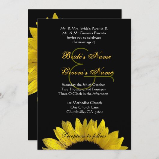 黄色の黒いひまわり結婚のプレミアムメタリック 招待状 (正面/裏面)