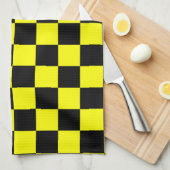 黄色の黒いチェッ市松模様にクパターン キッチンタオル (四つ折り)