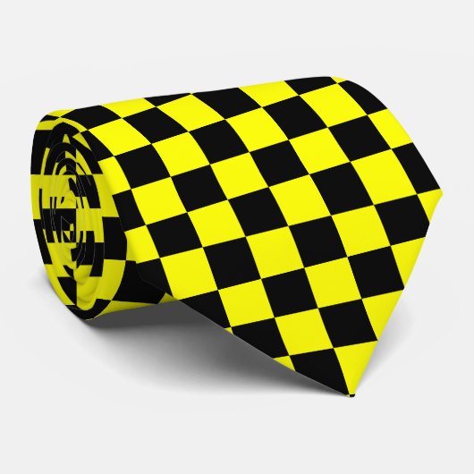 黄色の黒いチェッ市松模様にクパターン ネクタイ (ロール)