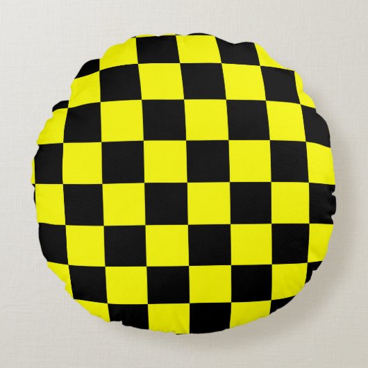 黄色の黒いチェッ市松模様にクパターン ラウンドクッション (正面)