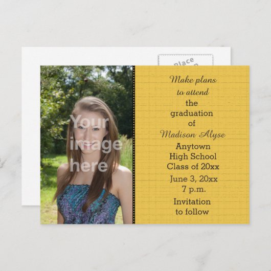 黄色の黒い写真卒業は日付カードを保存 ポストカード (正面/裏面)