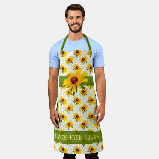 黄色の黒い目のスーザンフローラフォトポルカドット エプロン (着用した状態)