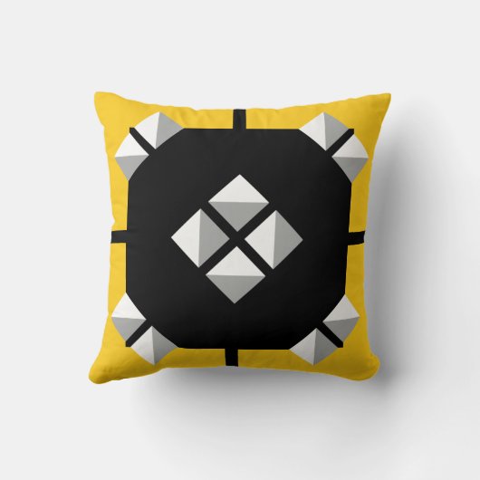 黄色の黒とグレーの幾何学的パターン クッション (裏面)