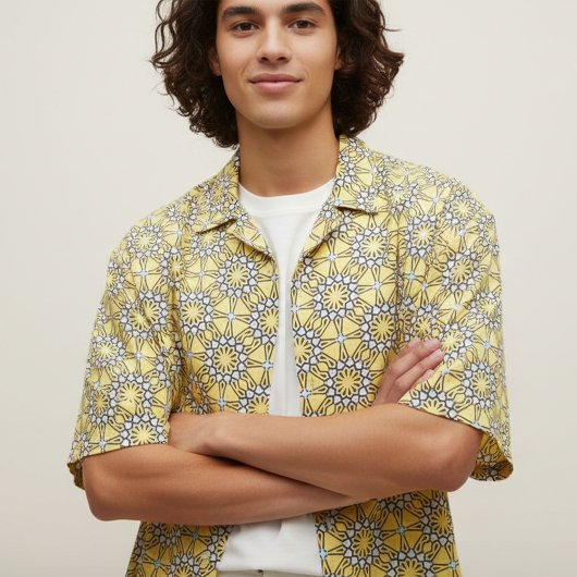 黄色の黒と白のモザイクパターン ファブリック