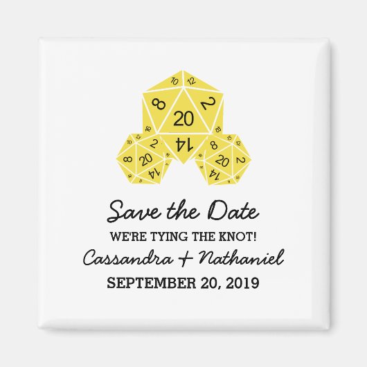 黄色のD20サイコロ日付磁石を保存 マグネット (正面)