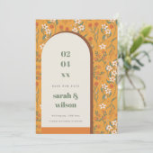 黄色のGroovyレトロアーチフローラ日付カードを保存 招待状 (スタンド正面)