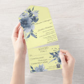 黄色のQRコードの水色ほこりっぽい青フローラ オールインワン招待状 (貼ってはがせる)