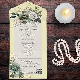 黄色のQRコード上の緑のフローラの濃淡 オールインワン招待状